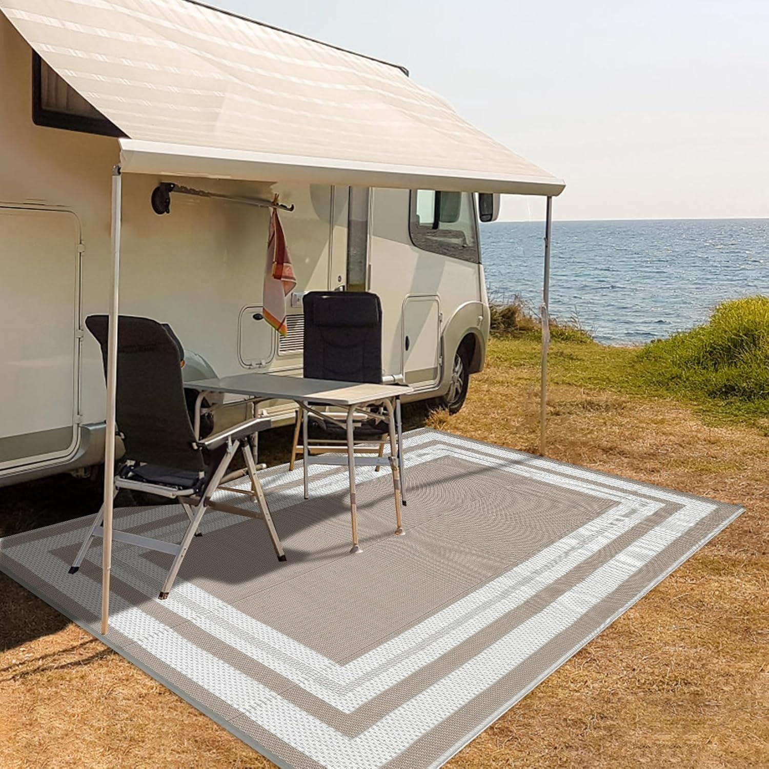 Outdoor Camping Rugs 9X12 - 9x12 アウトドアラグ – パティオ、RV、キャンプ、ピクニック、裏庭、デッキ、バルコニー、ポーチ、ビーチ用の防水リバーシブルプラスチックストローマット – ライトコーヒー/ホワイト
