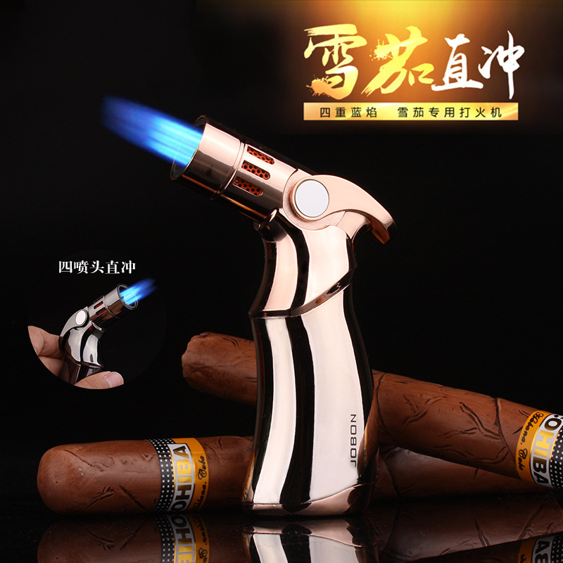 Outdoor Windproof Lighter - JOBON クリエイティブメタル屋外防風ブタンガスライターブルーフレームターボ 4 トーチジェットシガーライターキッチンベーキングバーベキューツール