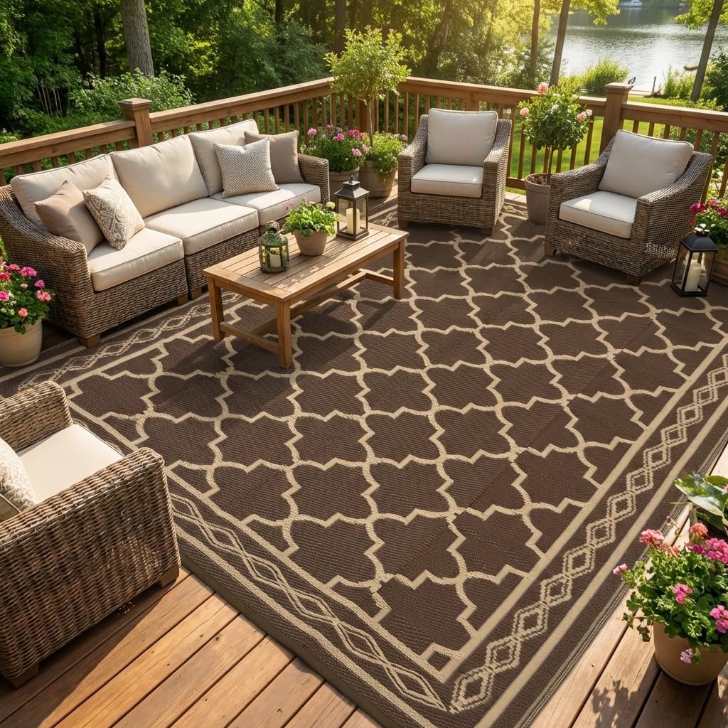 Outdoor Camping Rugs 9X12 - 9x12 リバーシブル屋外パティオラグ – プラスチックストロー製ヴィンテージトレリスデザイン、防水仕様、デッキ、RV、キャンプ、裏庭、ピクニック、ポーチ、ビーチ、バルコニー用（ブラウン/ベージュ）