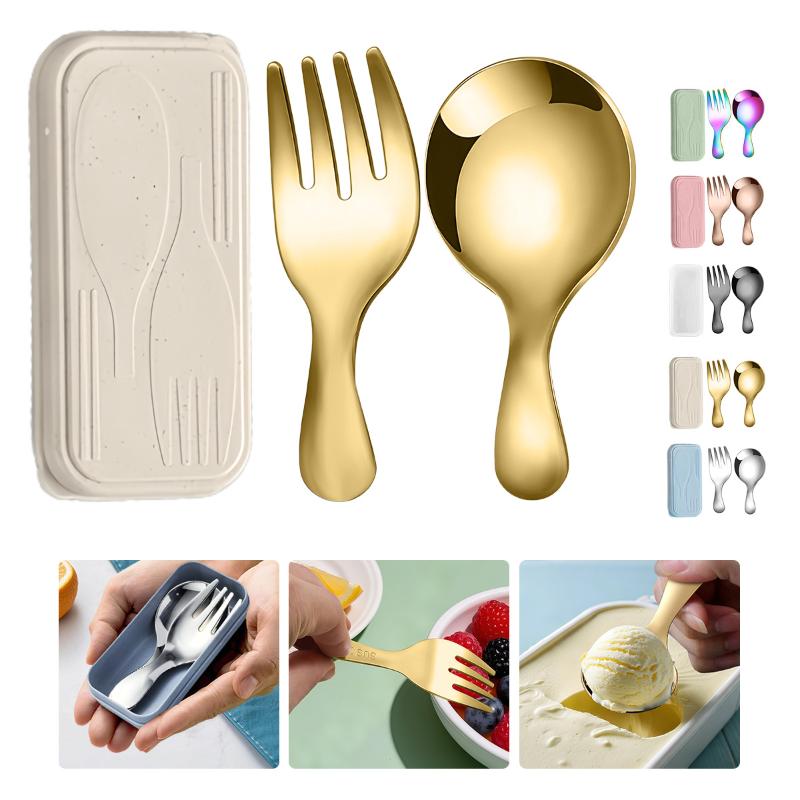 Outdoor Camping Cooking Set - ステンレス鋼食器セットスプーンフォーク 2Pc ポータブルボックス付きアウトドアキャンプカトラリーランチハイキングキャンプ調理旅行食器