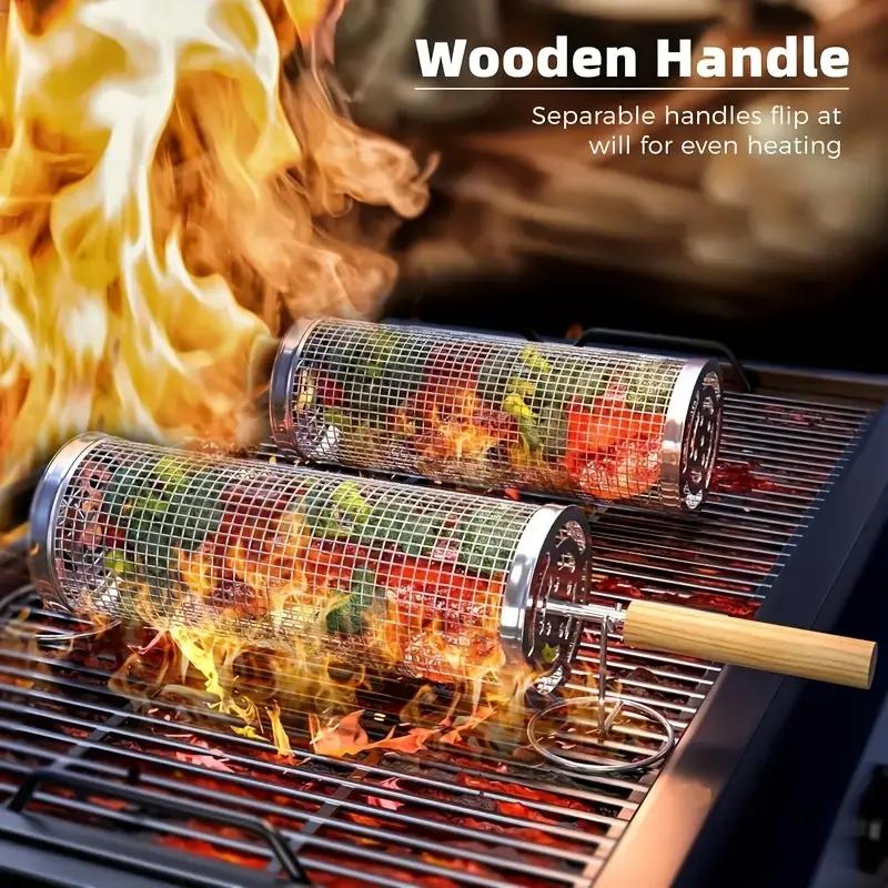 Outdoor Camping Cooking Set - ステンレス製BBQグリルバスケット、丸型回転シリンダーケージ、肉・野菜・魚用ワイヤーメッシュ回転ラック、屋外キャンプピクニック用