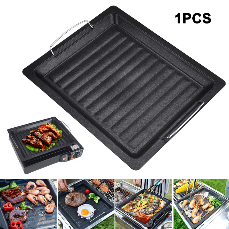Outdoor Camping Cooking Set - 屋外用厚い四角グリルパン 2つのハンドル付き ポータブルノンスティックグリルパン ベーキングトレイ 外出用 バーベキュー