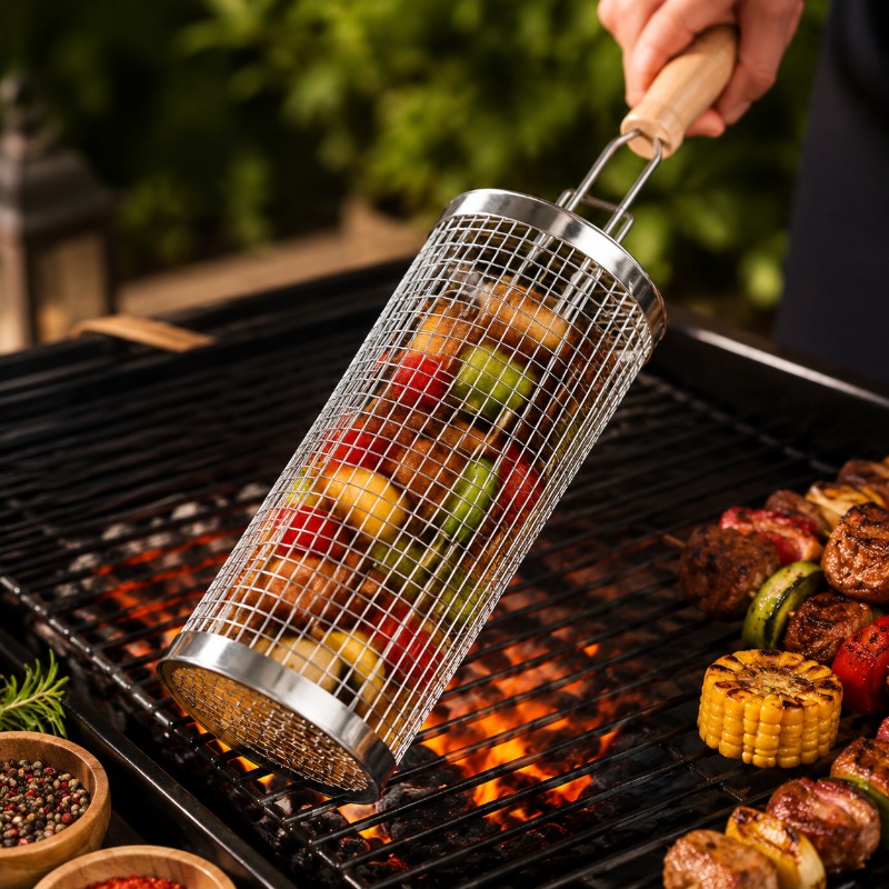 Outdoor Camping Cooking Set - 丸型バーベキューグリルバスケットセット ステンレス製回転式スチールメッシュチューブ ハンドル付きバーベキューグリル アウトドアキャンプに欠かせないアイテム