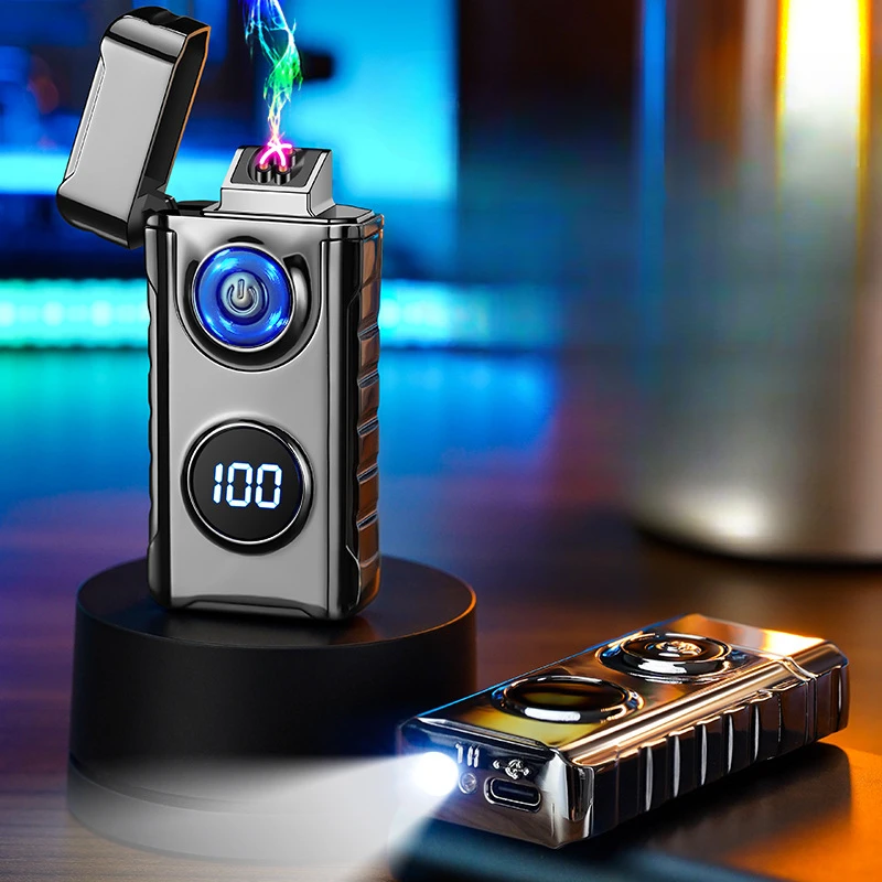 Outdoor Windproof Lighter - デュアルアークデジタルディスプレイライター,金属,防風,タイプC,急速充電,充電式,屋外照明,新品