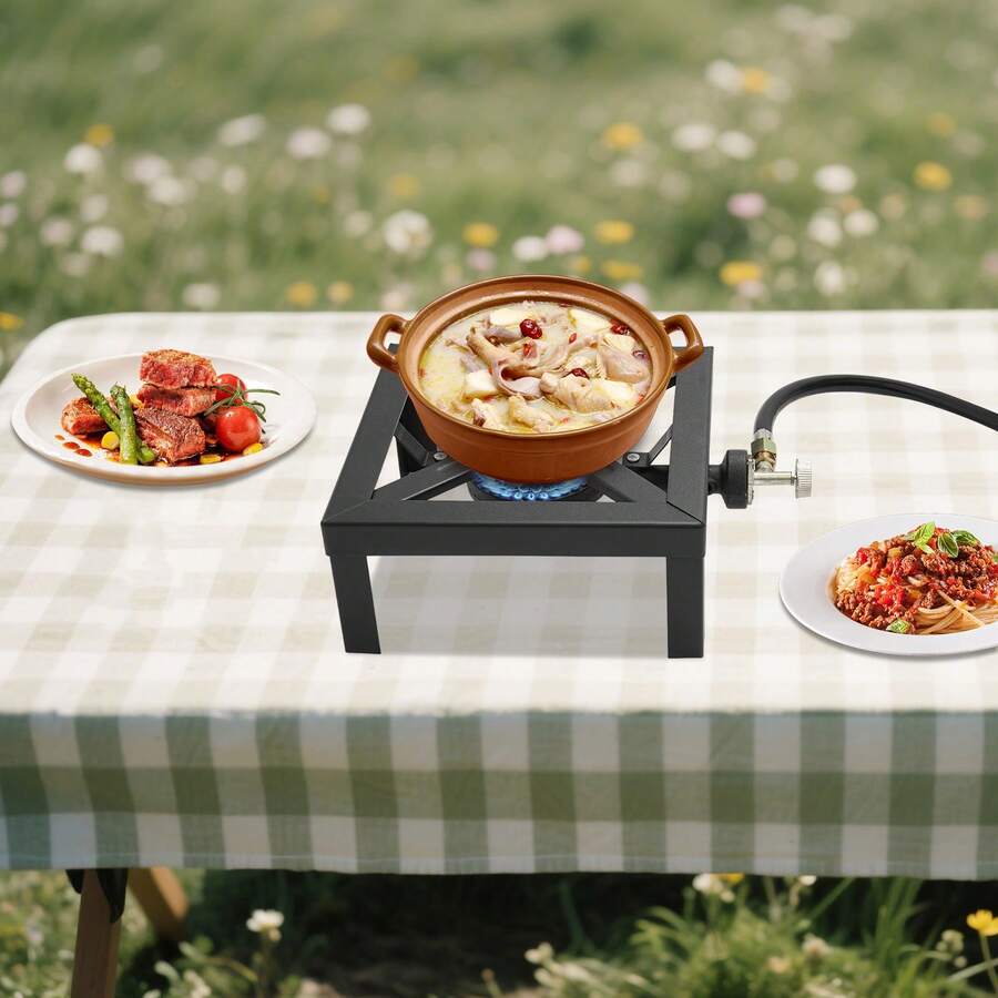 Outdoor Camping Gas Stove - ポータブルシングルバーナー、屋外ガスストーブプロパンコンロ、調節可能な0-10Psiレギュレーターホース付き、パティオキャンプ、バーベキュー、家庭用に最適