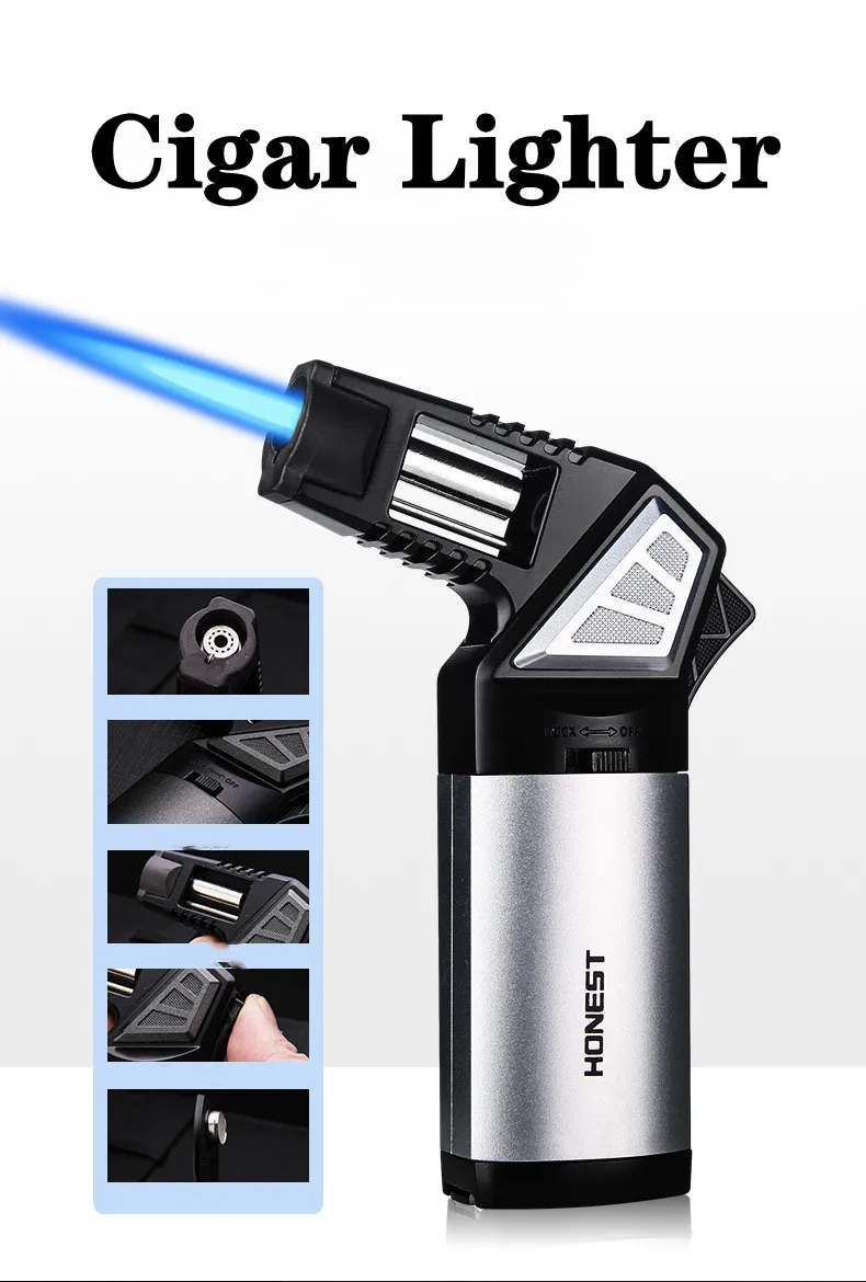 Outdoor Windproof Lighter - 正直なメタルマルチ屋外防風ブタンガスライターターボトーチ青い炎ストレートダウンライターシガーキッチンBBQツール