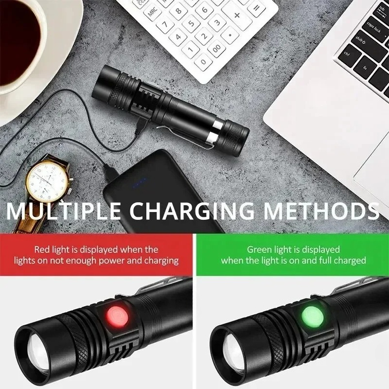 充電式 T6 ハンドヘルド懐中電灯使用 18650 ズームト - Outdoor Camping Adventures のレビューと価格