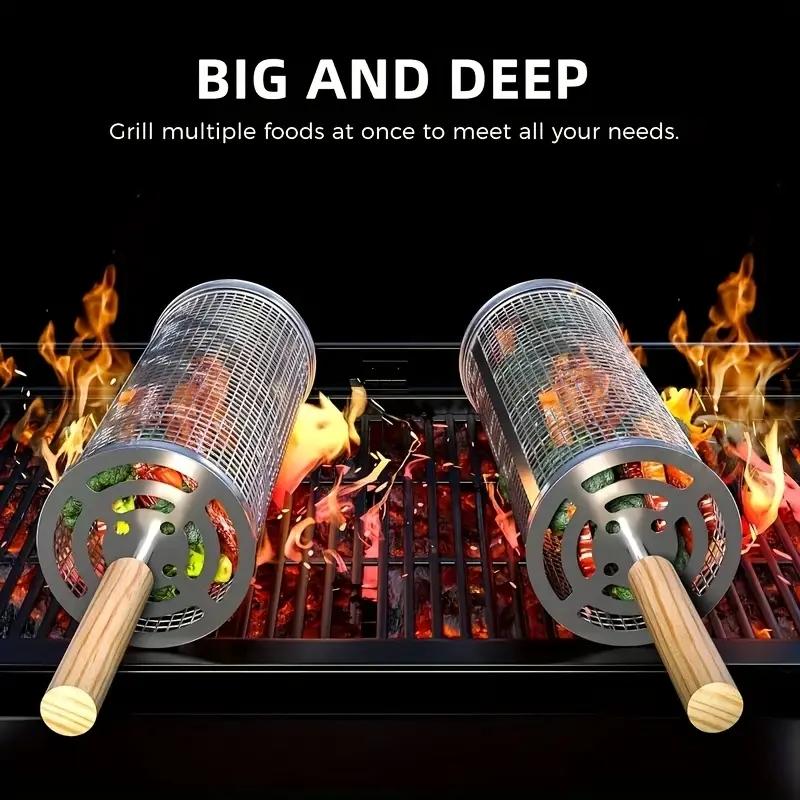 ステンレス製BBQグリルバスケット、丸型回転シリンダーケージ - Outdoor Camping Cooking Set のレビューと価格
