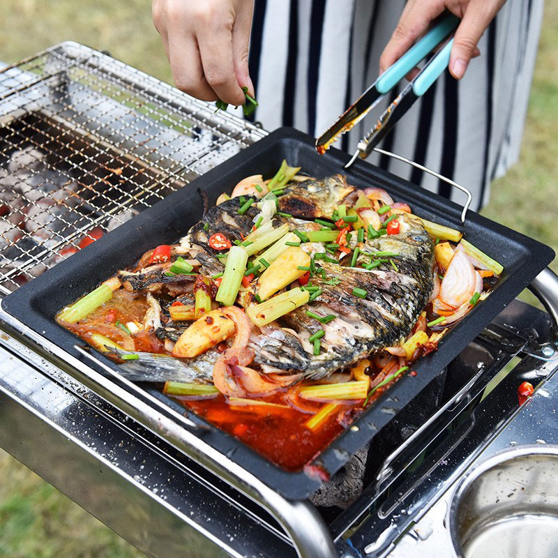 屋外用厚い四角グリルパン 2つのハンドル付き ポータブルノン - Outdoor Camping Cooking Set のレビューと価格